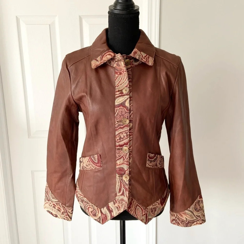 NWT Coldwater Creek Tapestry  Trim Leather Jacket